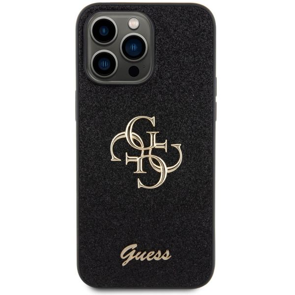 Guess 4G Metal Logo Glitter Backcover iPhone 15 Pro Max - Zwart