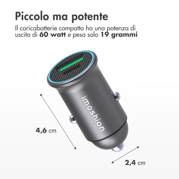 imoshion Mini autolader - 2 poorten - USB-A Quick Charge - USB-C Power Delivery - 60 Watt - Zwart - Apple iPhone 15