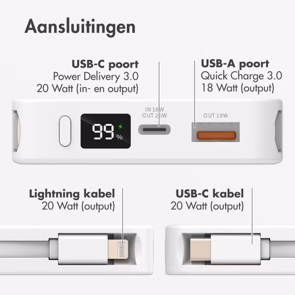 Accezz Powerbank 10.000 mAh met geïntegreerde kabels - Quick Charge en Power Delivery - Wit