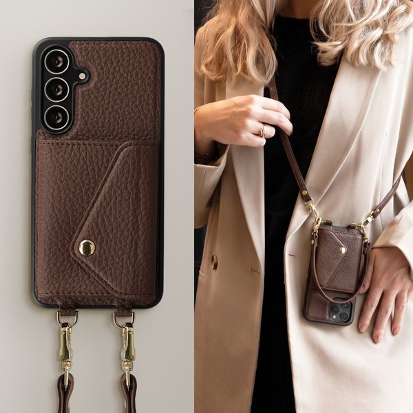 Selencia Sera Telefoonhoes met Koord en Envelop Pashouder Samsung Galaxy S25 FE - Chocolate Brown