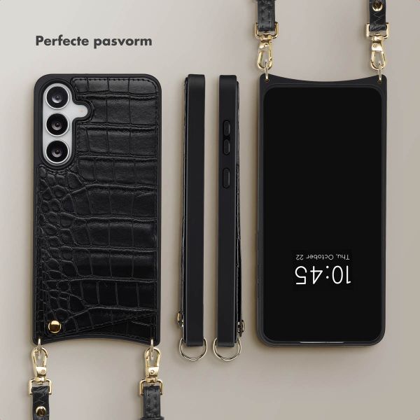 Selencia Nova Croco Telefoonhoes met Koord en Pashouder Samsung Galaxy S25 FE - Zwart