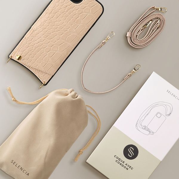 Selencia Nova Croco Phone Case with Cord and Card Holder Apple iPhone 17e / 16e - Beige