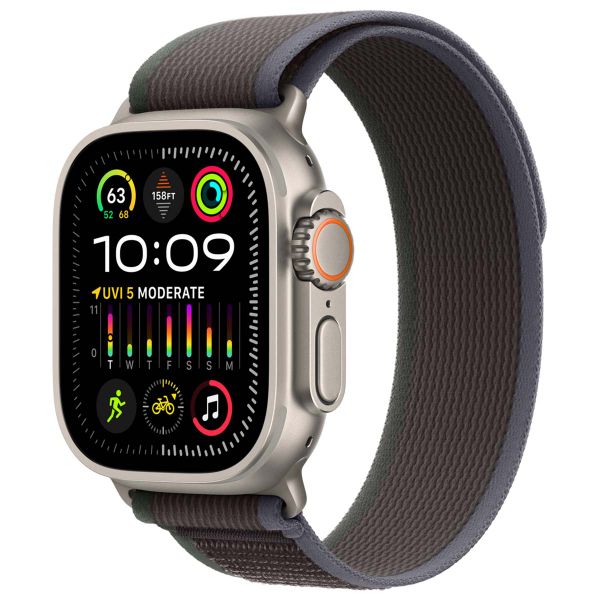 Trail Loop Band voor de Apple Watch Series 1 t m 10 SE Ultra 2 44 45 46 49 mm Maat M L Blauw Zwart