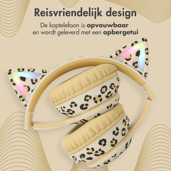 imoshion Kids - Special Edition - LED Light Cat Ear Bluetooth Headphones - Kinder koptelefoon - Draadloze koptelefoon + AUX kabel - Leopard