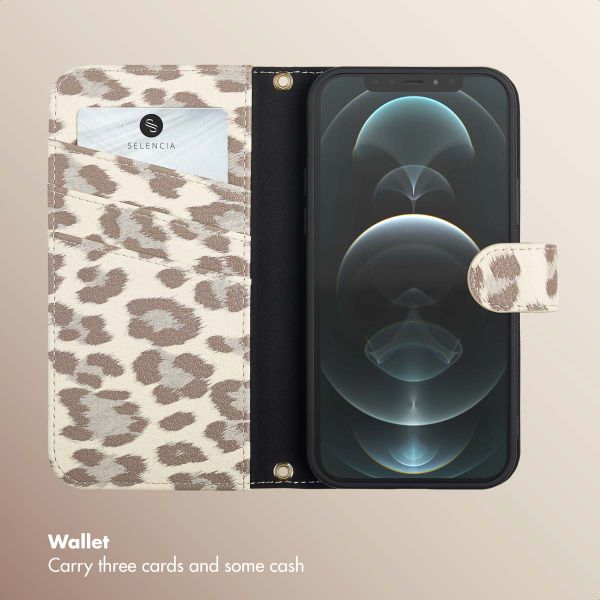 Selencia Sabi Bookcase with Leopard Print Apple iPhone 12 (Pro) - Soft Ivory