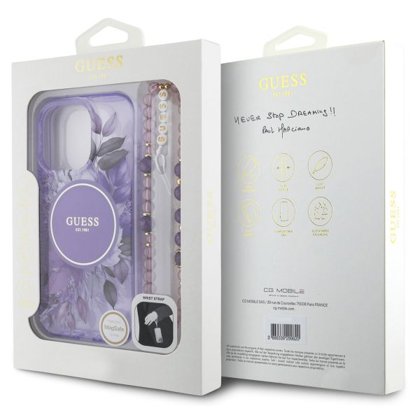 Guess MagSafe IML Flowers Case met beads strap Apple iPhone 16 Pro - Purple