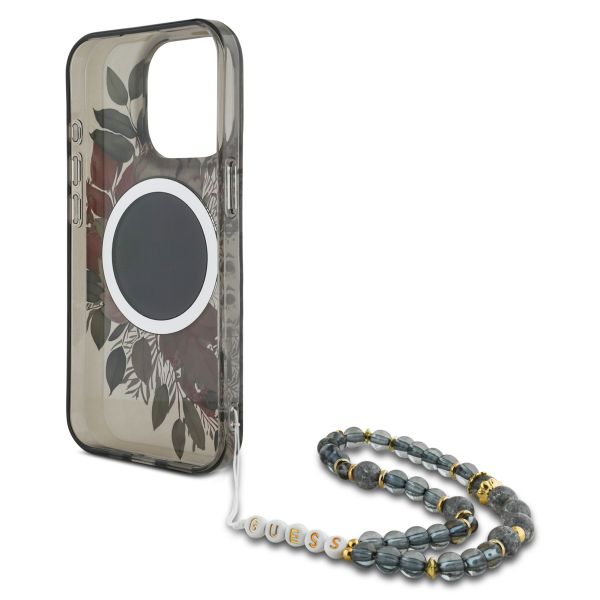 Guess MagSafe IML Flowers Case met beads strap iPhone 15 Pro - Black