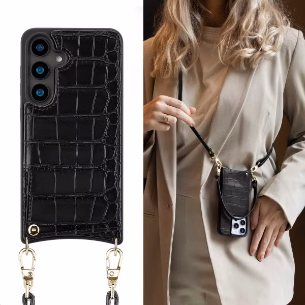 Selencia Nova Croco Telefoonhoes met Koord en Pashouder Samsung Galaxy S24 - Zwart