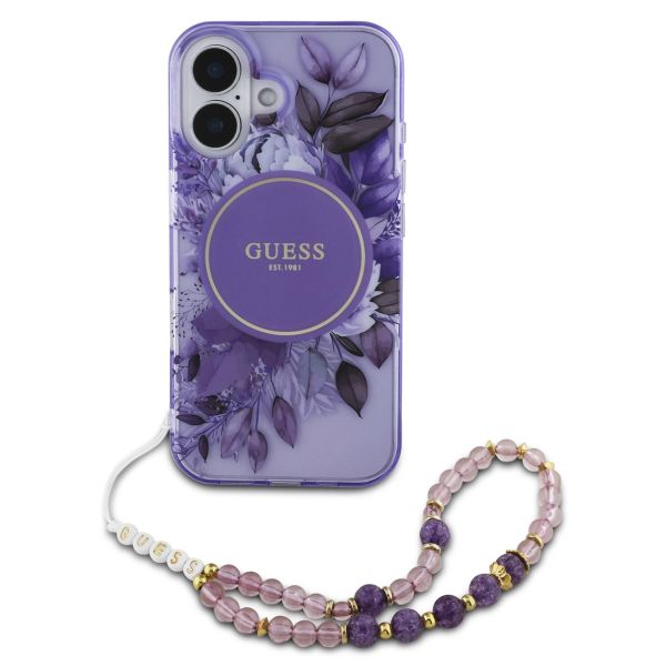 Guess MagSafe IML Flowers Case met beads strap iPhone 16 - Purple