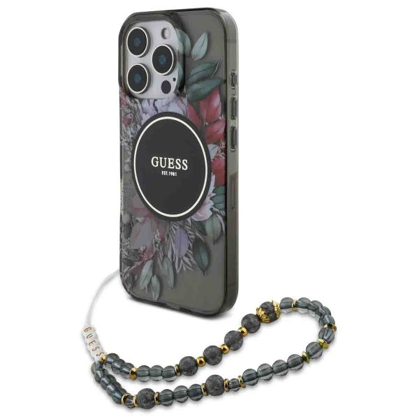 Guess MagSafe IML Flowers Case met beads strap Apple iPhone 16 Pro - Zwart
