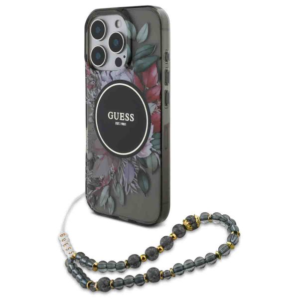 Guess MagSafe IML Flowers Case met beads strap iPhone 16 Pro - Black