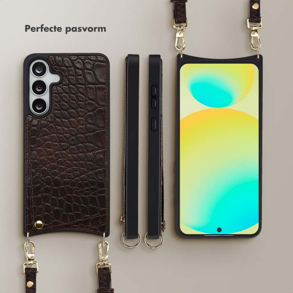 Selencia Nova Croco Telefoonhoes met Koord en Pashouder Samsung Galaxy S25 FE - Choco Brown