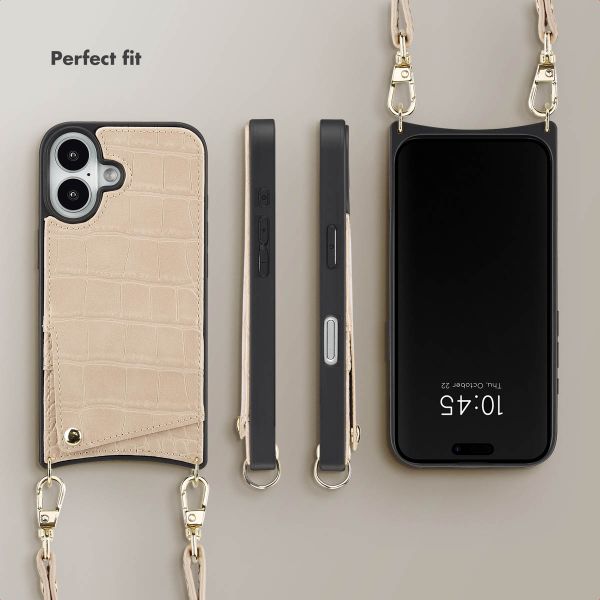 Selencia Nova Croco Phone Case with Cord and Card Holder Apple iPhone 16 - Beige