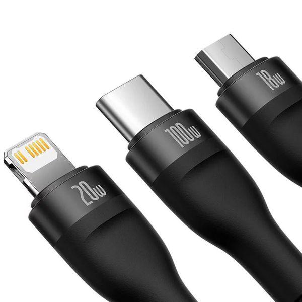 Baseus Flash Series 2 - 3-in-1 snellaadkabel - USB-C naar USB-C / Lightning / Micro-USB - 100 Watt - 1,5 meter - Zwart