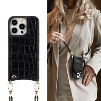 Selencia Nova Croco Telefoonhoes met Koord en Pashouder Apple iPhone 14 Pro - Zwart