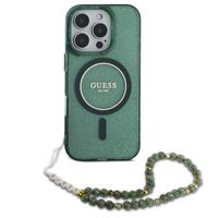 Guess MagSafe IML Glitter Case met beads strap iPhone 16 Pro - Green