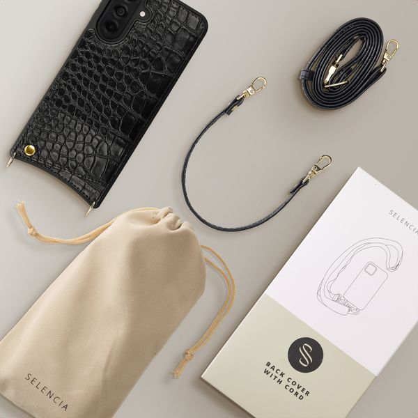 Selencia Nova Croco Phone Case with Cord and Card Holder Samsung Galaxy A37 (5G) - Black