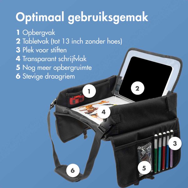 imoshion Reistafel - tablethouder auto - 7 opbergvakken - inclusief 2 kleurplaten - Zwart