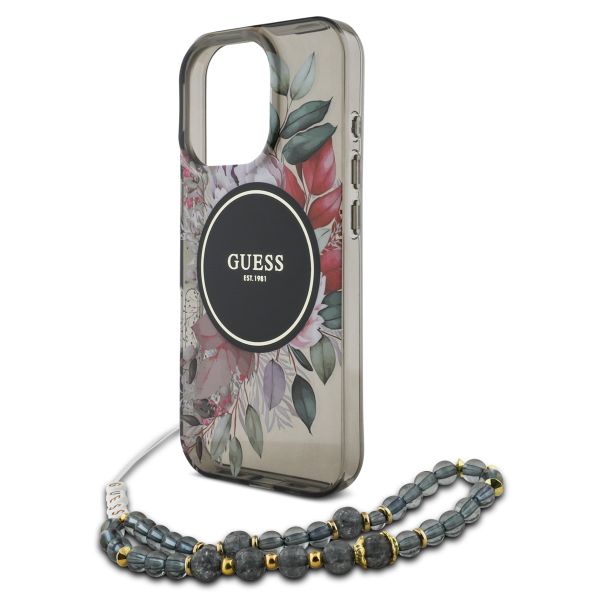 Guess MagSafe IML Flowers Case met beads strap Apple iPhone 16 Pro - Zwart