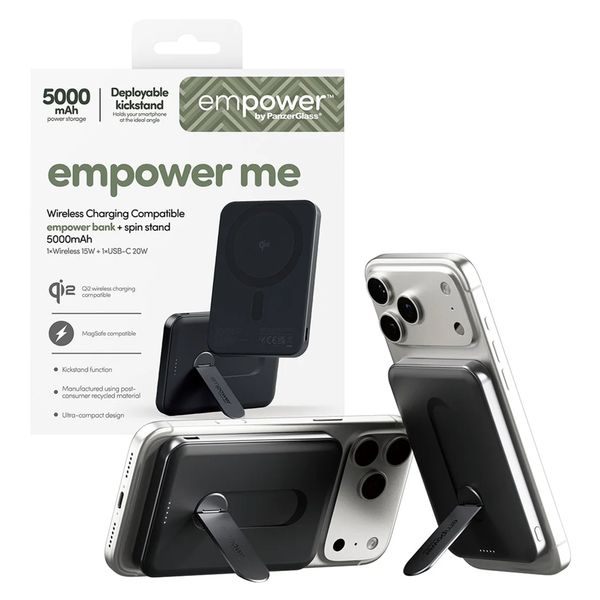 Empower by PanzerGlass Empower Bank Powerbank met Standaard 5.000 mAh - MagSafe en Qi2 - Zwart