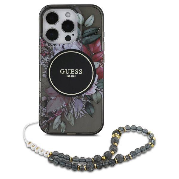 Guess MagSafe IML Flowers Case met beads strap iPhone 15 Pro Max - Black