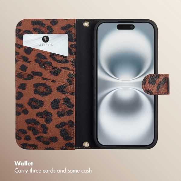 Selencia Sabi Bookcase with Leopard Print Apple iPhone 16 - Mocha Brown