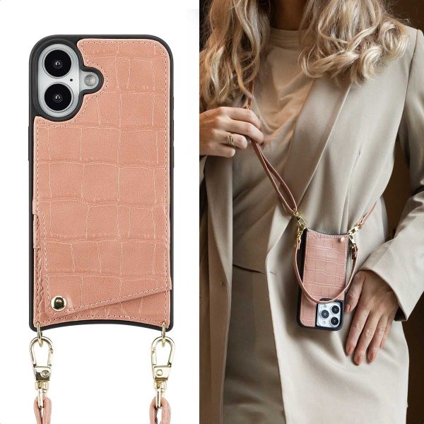Selencia Nova Croco Telefoonhoes met Koord en Pashouder Apple iPhone 16 - Old Pink