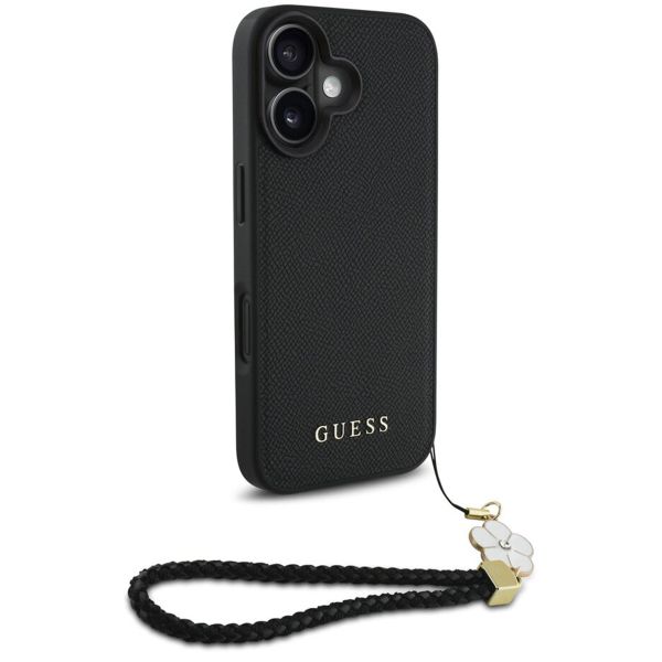 Guess Grained Backcover MagSafe met Flower Charm Strap iPhone 16 - Zwart