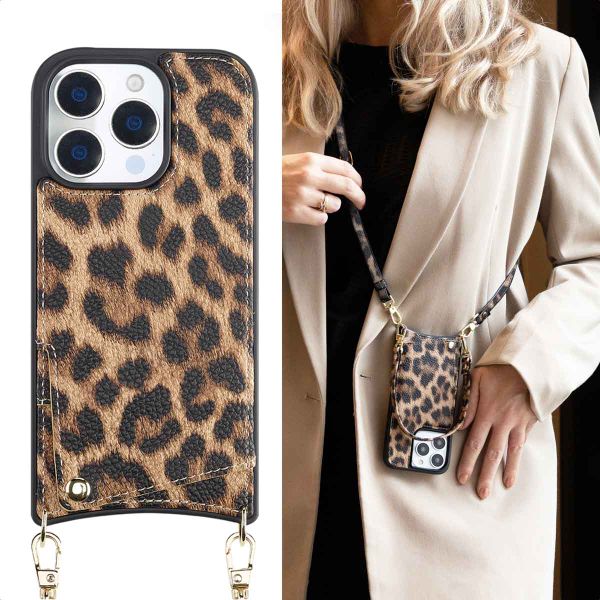 Selencia Nova Backcover met koord en pashouder iPhone 16 Pro - Leopard