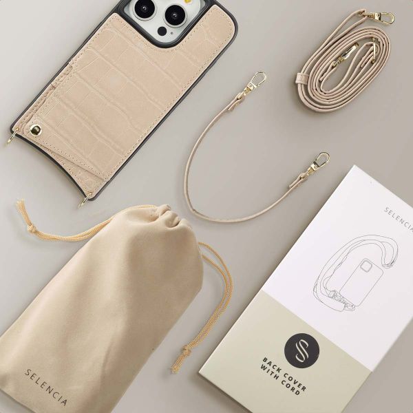 Selencia Nova Croco Phone Case with Cord and Card Holder Apple iPhone 15 Pro - Beige