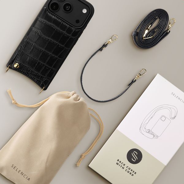 Selencia Nova Croco Telefoonhoes met Koord en Pashouder Apple iPhone 18 Pro Max / 17 Pro Max - Zwart