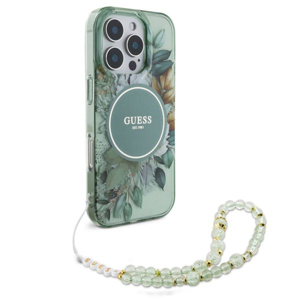Guess MagSafe IML Flowers Case met beads strap Apple iPhone 16 Pro Max - Green