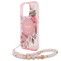 Guess MagSafe IML Flowers Case met beads strap iPhone 16 Pro Max - Pink