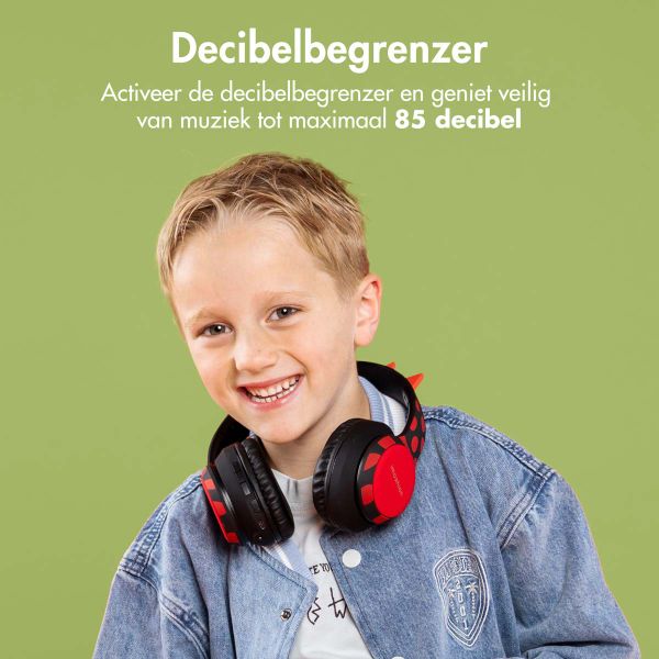 imoshion Kids Dino Bluetooth Headphones - Kinder koptelefoon met decibelbegrenzer - Draadloze koptelefoon + AUX kabel - Black / Red