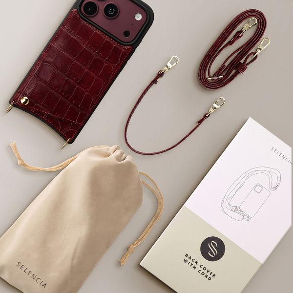 Selencia Nova Croco Telefoonhoes met Koord en Pashouder Apple iPhone 18 Pro Max / 17 Pro Max - Burgundy