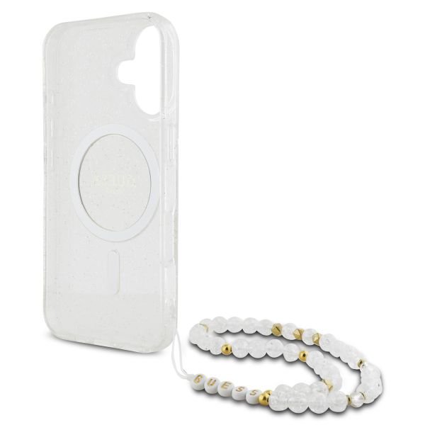 Guess MagSafe IML Glitter Case met beads strap Apple iPhone 16 - Transparent