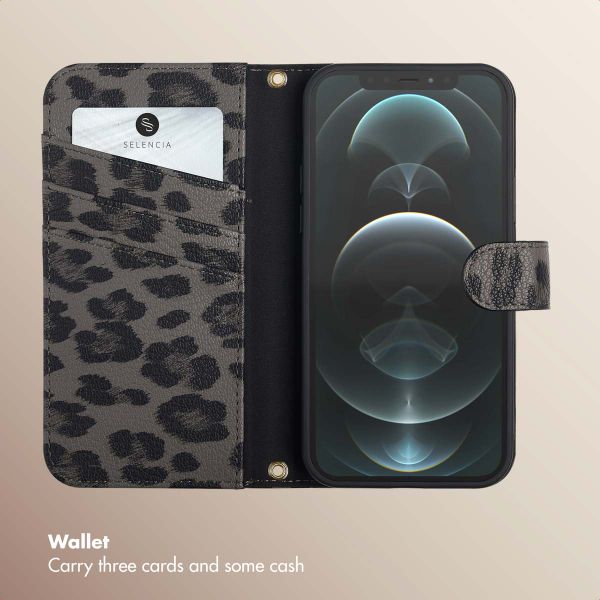 Selencia Sabi Bookcase with Leopard Print Apple iPhone 12 (Pro) - Midnight Black