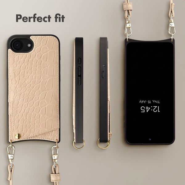 Selencia Nova Croco Phone Case with Cord and Card Holder Apple iPhone 17e / 16e - Beige