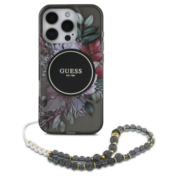 Guess MagSafe IML Flowers Case met beads strap iPhone 16 Pro Max - Black