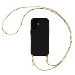 Selencia Rivièra MagSafe Backcover met afneembare haakjes voor de Apple iPhone 16 - Velvet Black + Sleek Chain (130 cm) - Gold