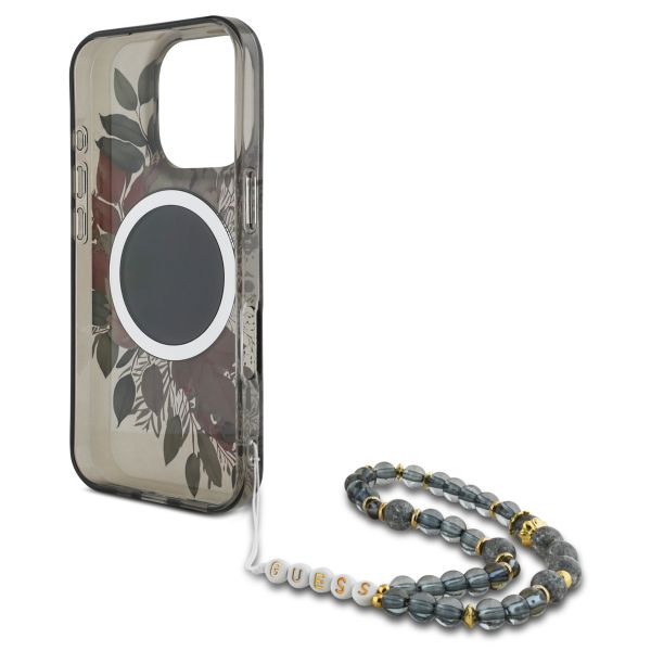 Guess MagSafe IML Flowers Case met beads strap Apple iPhone 16 Pro - Zwart