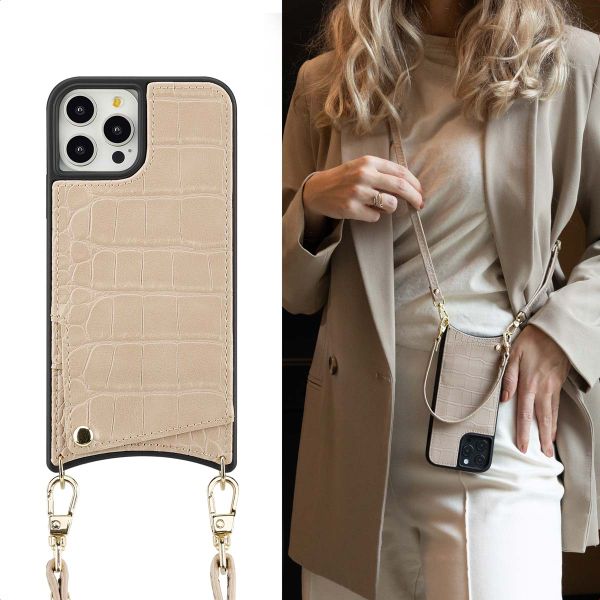 Selencia Nova Croco Phone Case with Cord and Card Holder Apple iPhone 12 (Pro) - Beige