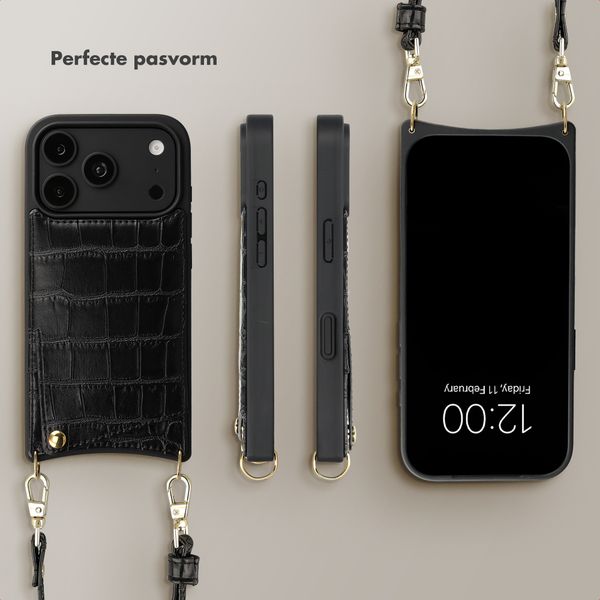 Selencia Nova Croco Telefoonhoes met Koord en Pashouder Apple iPhone 18 Pro Max / 17 Pro Max - Zwart