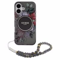 Guess MagSafe IML Flowers Case met beads strap Apple iPhone 16 - Zwart