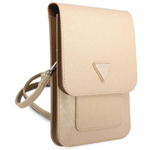 Guess Saffiano Triangle telefoontasje - Geschikt voor smartphones tot 7 inch - Beige