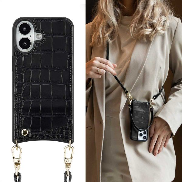 Selencia Nova Croco Telefoonhoes met Koord en Pashouder Apple iPhone 16 - Zwart