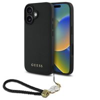 Guess Grained Backcover MagSafe met Flower Charm Strap Apple iPhone 16 - Zwart