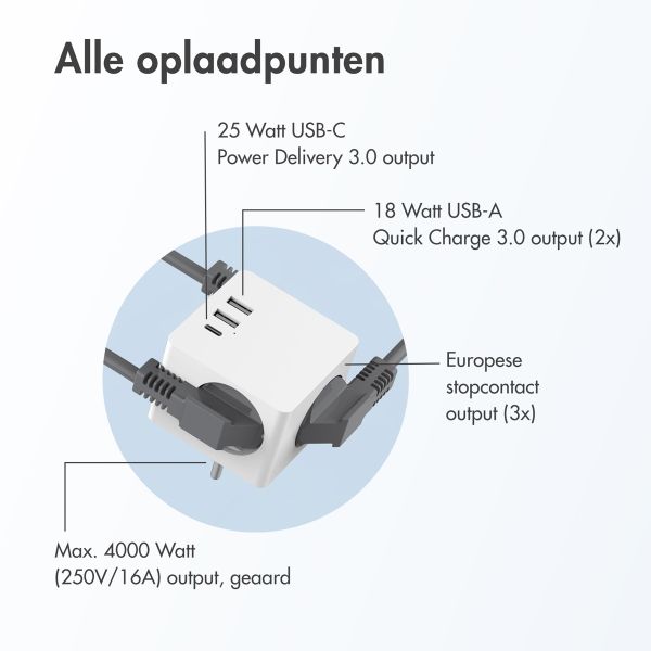 Accezz PowerCube | 6-in-1 - 1x USB-C + 2x USB-A + 3x stopcontact - 4000 watt - Wit