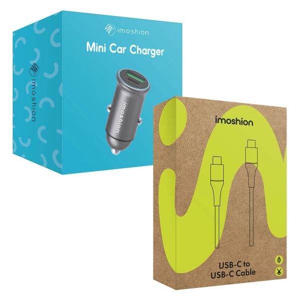 imoshion Mini autolader 2 poorten - Quick Charge - Power Delivery - 60 Watt + Braided USB-C naar USB-C kabel - 1 meter - Zwart
