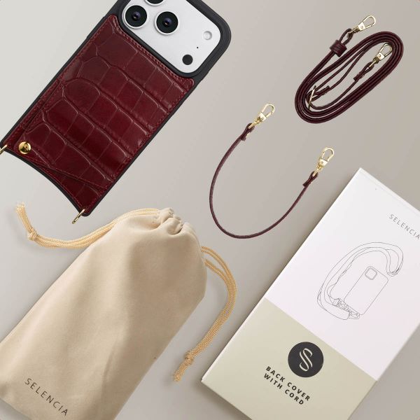 Selencia Nova Croco Telefoonhoes met Koord en Pashouder Apple iPhone 17 Pro - Burgundy